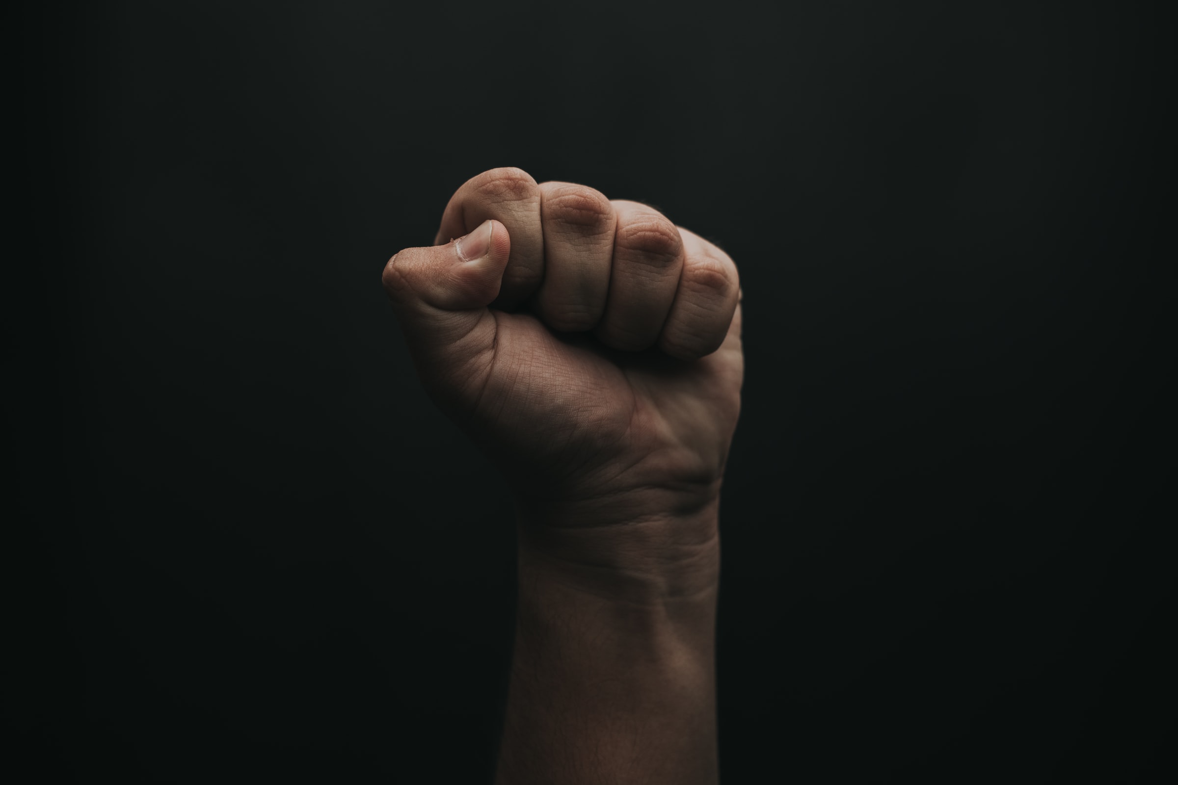 clenched fist raised in air against dark background