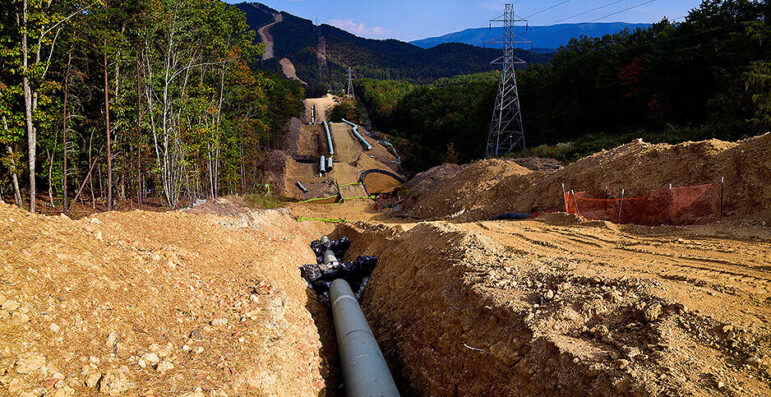 Lengths of pipe placed the ground along the under-construction Mountain Valley Pipeline near Elliston, Virginia, U.S. September 29, 2019. Picture taken September 29, 2019. REUTERS/Charles Mostoller (Newscom TagID: rtrleleven529716.jpg) [Photo via Newscom]